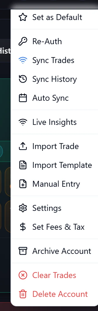 The actions menu on a Dhan account in TradeLyser, with Sync Trades, Sync History, Re-Auth and Live Insights