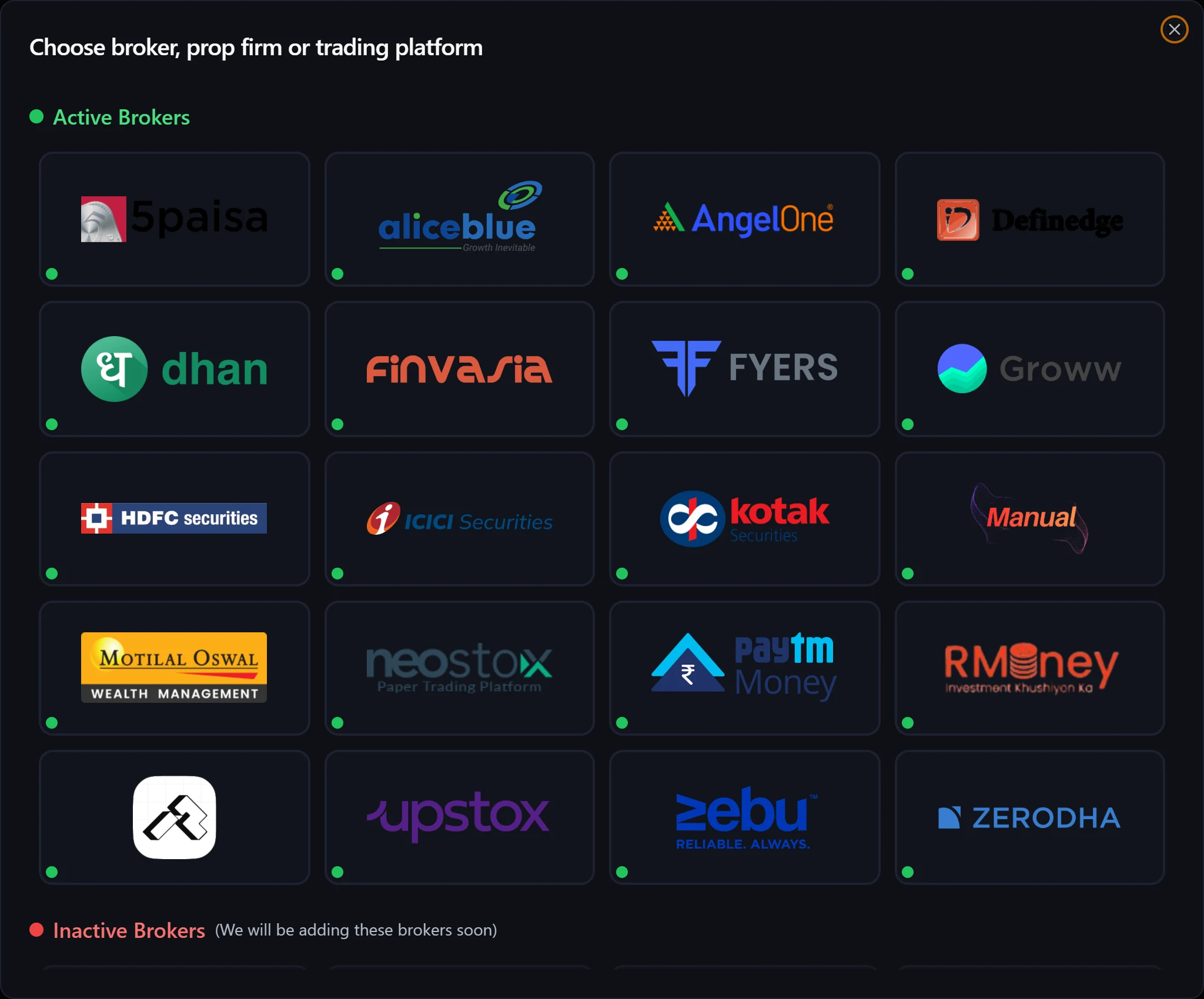 The Add Account screen in TradeLyser, where you choose Dhan from the list of supported brokers