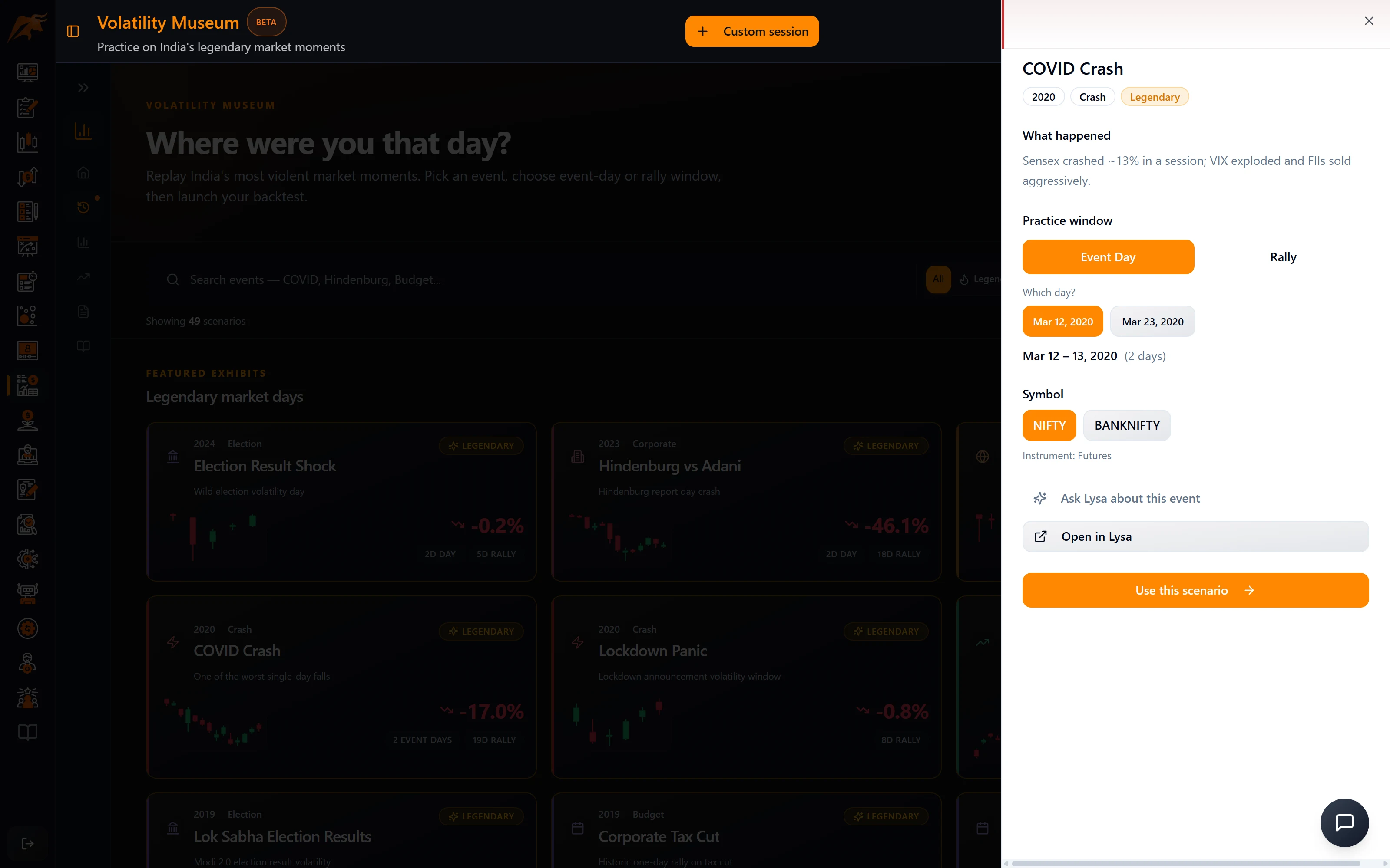 Volatility Museum event detail page in TradeLyser showing what happened, practice windows, symbol choice and Ask Lysa