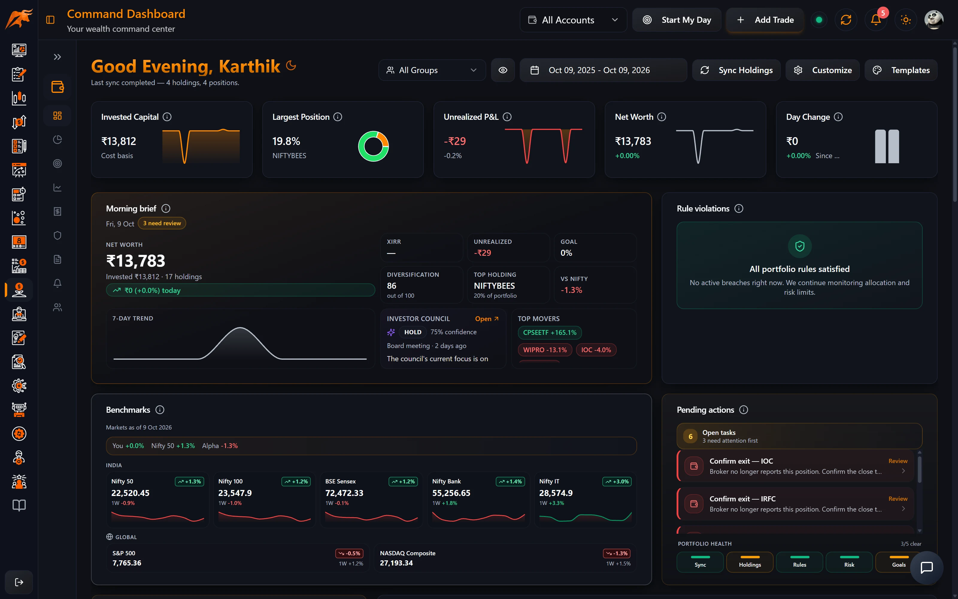 TradeLyser Wealth Hub dashboard with net worth, invested capital, XIRR and asset allocation widgets